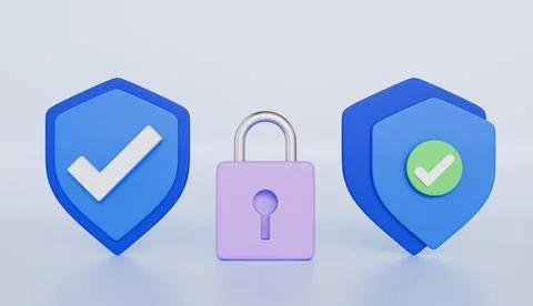 Security safe icon with checkmark, quality protected shield emblem, padlock Stock Illustration