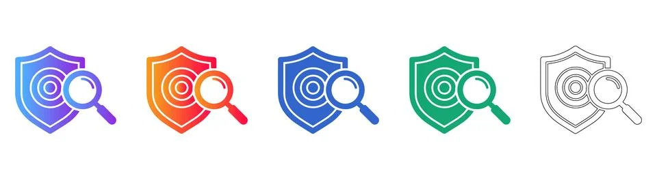 Security Scan Icons: Shield with Magnifying Glass Protection Stock Illustration