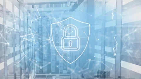 Security scan initiating shield pulsing in data center aisle as network lines Stock Footage 332625450
