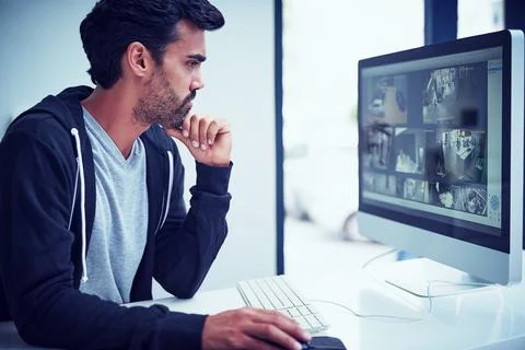 Security, screen and man on computer for surveillance, tracking and Stock Photos