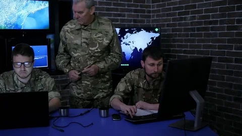Security service, commander in uniform in monitoring room Stock Footage