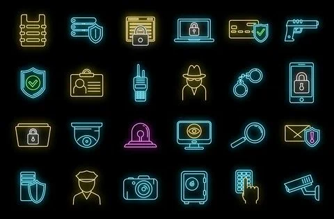 Security service scan icons set vector neon Stock Illustration