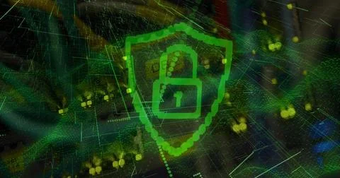 Security shield and padlock icon against close up of a computer server Stock Illustration