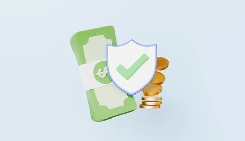 Security shield with bunch of banknotes and a pile of coins, financial security Stock Illustration