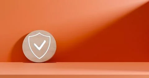 Security Shield Check Icon on Orange Background. 3d render Minimal wooden s.. Stock Photos