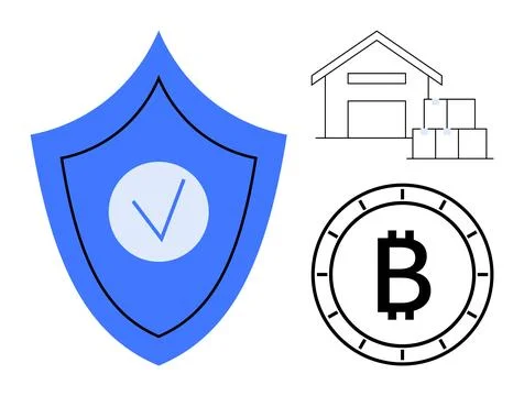 Security shield with check mark, warehouse with boxes, and Bitcoin symbol i.. 스톡 일러스트