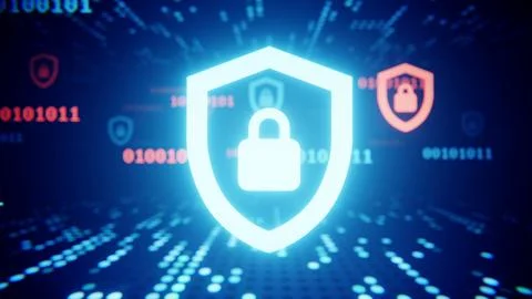 Security shield glowing in binary code data cyberspace. Firework and privacy Illustrazione stock