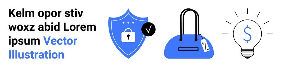 Security Shield, Handbag, and Dollar Light Bulb Concept with Placeholder Text Stock Illustration