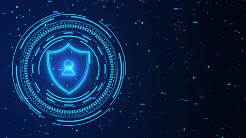 Security shield hud with lock icon circular scanner rings binary Stock-Footage 347045096