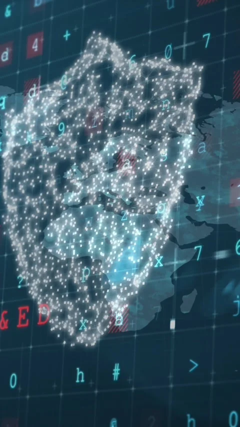 Security shield icon and cyber security data processing against world map on Stock Footage 331649549