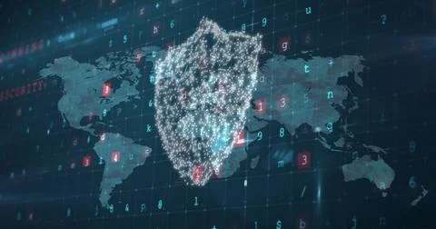 Security shield icon and cyber security data processing against world map on Stock Illustration