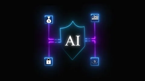 Security shield icon with artificial intelligence and financial symbols in .. Stock Footage 332165802
