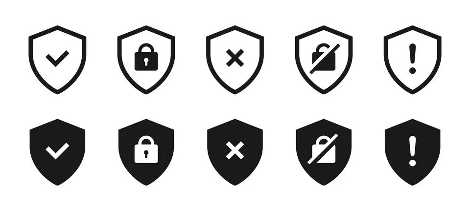 Security shield icon set with different status symbols. Checkmark, lock, er.. Stock Illustration