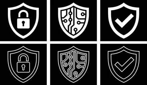Security Shield Icon Set, Padlock Circuit and Check Mark Protection Symbol .. Ilustração Stock
