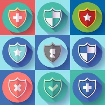 Security shield icon set - protection symbols. Flat design style. Stock Illustration