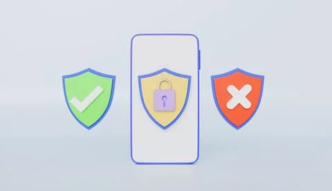 Security shield icons with checkmark and lock on the smartphone screen Stock Illustration
