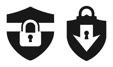 Security shield icons with padlock and downward arrow for cyber protection .. Stock Illustration