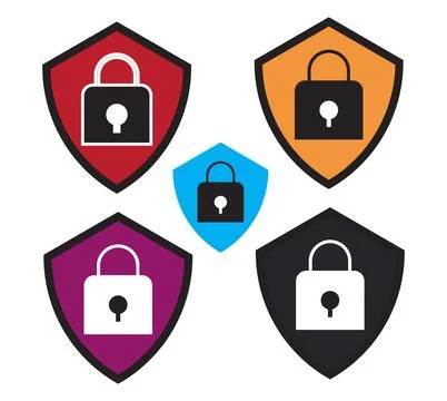 Security Shield Icons With Padlock Symbols in Multiple Colors for Cyber Pro.. Stock Illustration