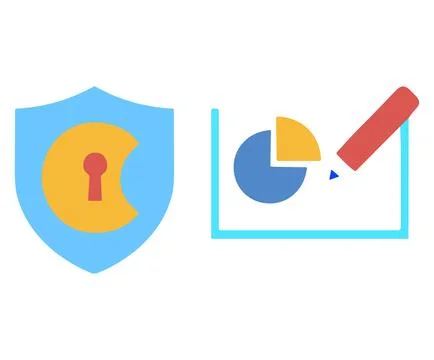 Security shield with a keyhole and a pie chart with a pencil, flat icons. Stock Illustration