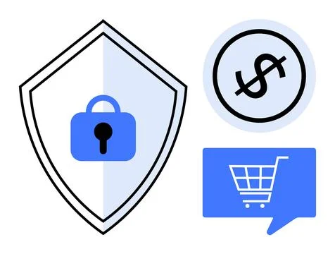 Security shield with a lock, dollar sign, and shopping cart in speech bubble  Illustrazione stock