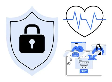 Security shield with lock, heartbeat line, and online shopping elements. Idea Stock Illustration