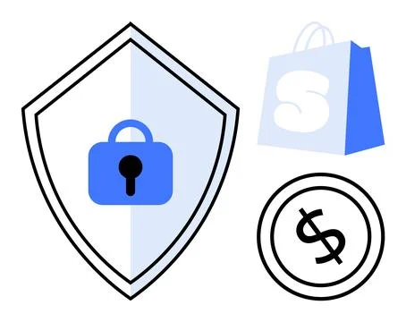 Security Shield with Lock, Shopping Bag, and Dollar Symbol Represent Online.. Stockillustratie
