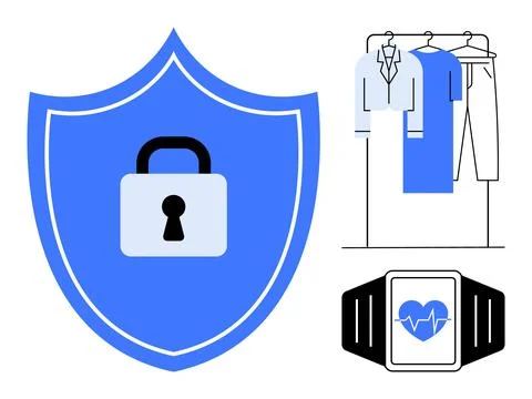 Security shield with a lock, smartwatch displaying heartbeat, and apparel on  Stock Illustration