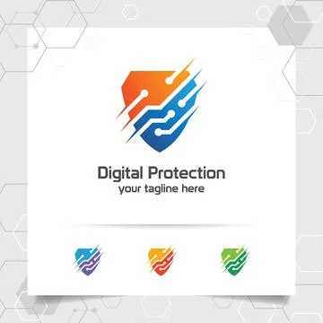 Security shield logo design with concept of protection shield vector and tech Stock Illustration