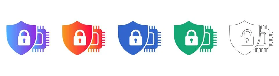 Security Shield with Microchip Processor Icon Set Stock Illustration
