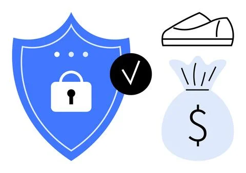 Security shield with padlock symbol, check mark icon, money bag with dollar s Stock Illustration