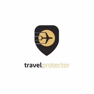 Security shield with plane, travel protector logo design Stock Illustration