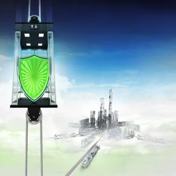 Security shield in sky space elevator concept above city illustration Illustrazione stock
