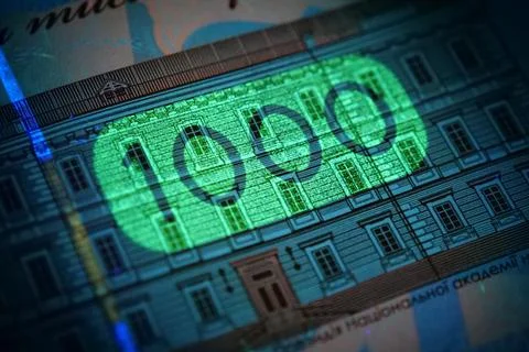 Security signs and elements under UV light on banknote 1000 Hryvnia of Ukrain Foto stock