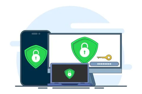 Security software that protects multiple digital devices from cyber attacks Stock Illustration