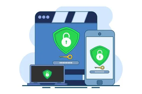 Security software that protects multiple digital devices from cyber attacks Stock Illustration