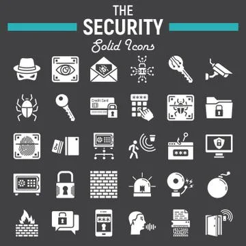 Security solid icon set, cyber protection signs 스톡 일러스트