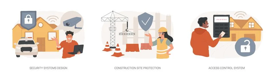 Security solutions isolated concept vector illustration set. Ilustración de archivo