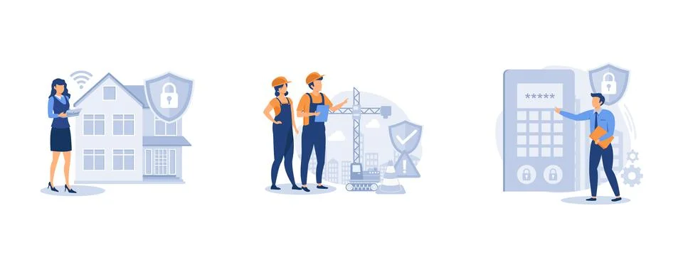 Security solutions. Security systems design, construction site protection, ac Ilustración de archivo