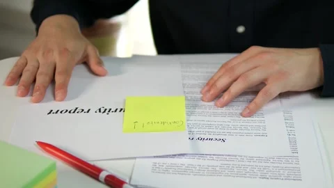 A security specialist examines a security report and the sticky notes attached Stock Footage 313271230