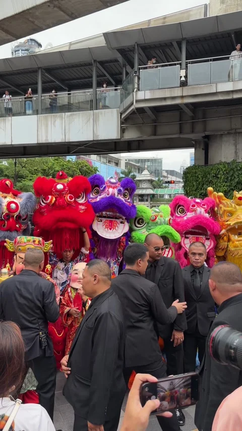 Security staff members take a group photo with a colourful local lion dance Stock Footage 345626607