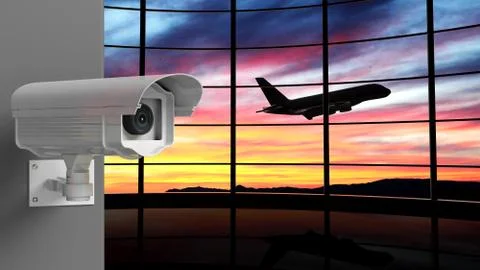Security surveillance camera with airport window as background Illustrazione stock