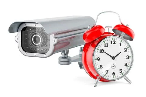 Security surveillance camera with alarm clock, 3D rendering Stock Illustration
