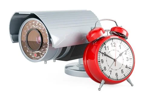 Security surveillance camera with alarm clock, 3D rendering Stock Illustration