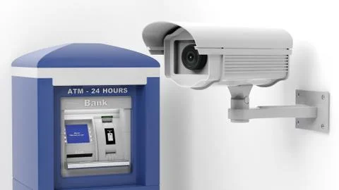 Security surveillance camera and ATM machine isolated on white background Stock Illustration