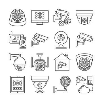 Security surveillance camera, cctv thin line icons set Stock Illustration