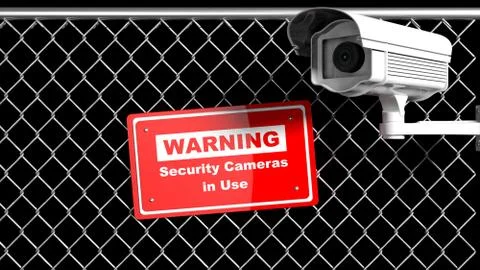 Security surveillance camera on chain-link fence with warning sign on black Stock Illustration