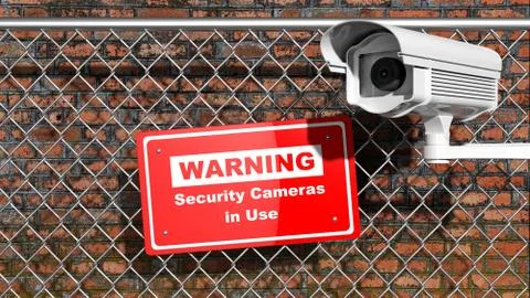 Security surveillance camera on chain-link fence with warning sign Stock Illustration