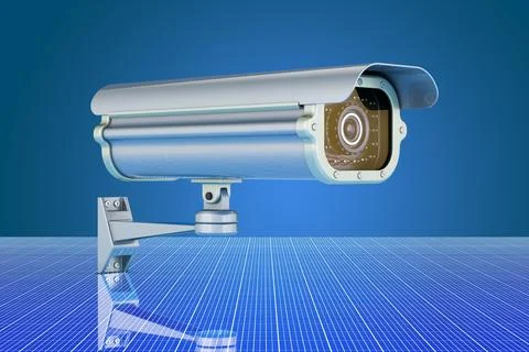 Security surveillance camera on digital, futuristic backdrop, 3D rendering Stock Illustration