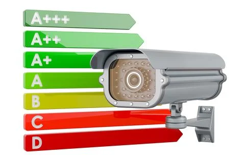 Security surveillance camera with energy efficiency chart, 3D rendering Stock Illustration