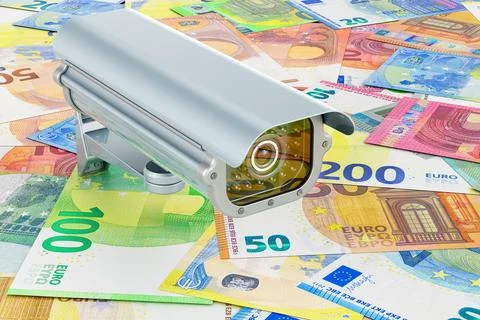 Security surveillance camera on the euro background, 3D rendering Illustrazione stock
